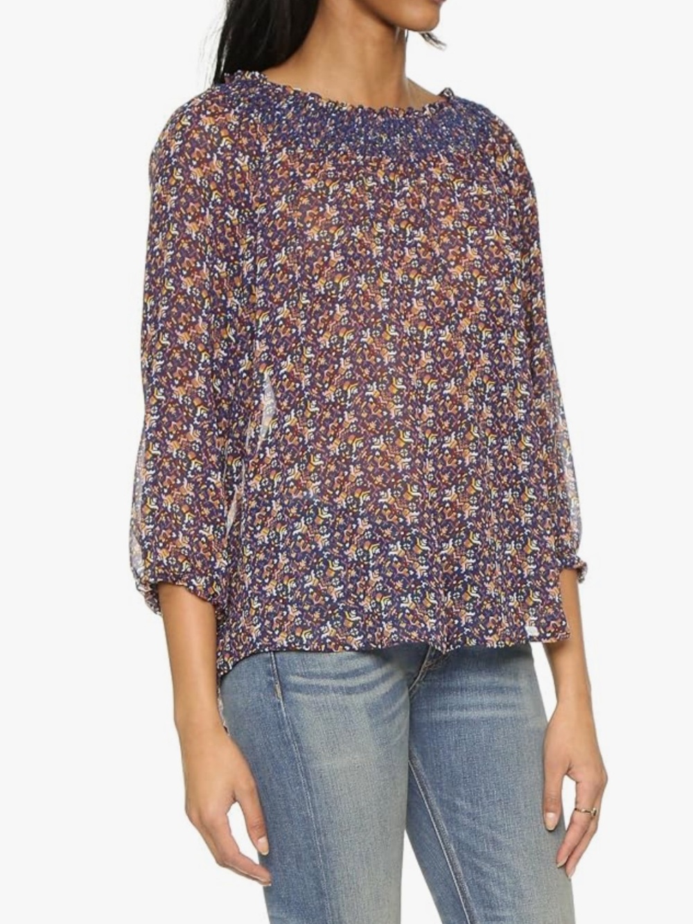 Joie Navy Floral Smocked Neck Blouse